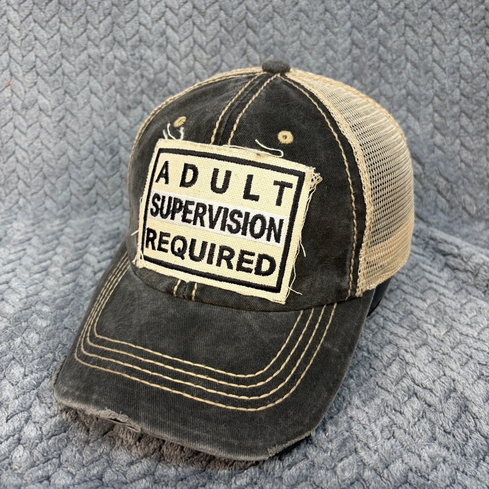 Adult Supervision Required Distressed Trucker Hat Washed Black Tan Mesh Cap
